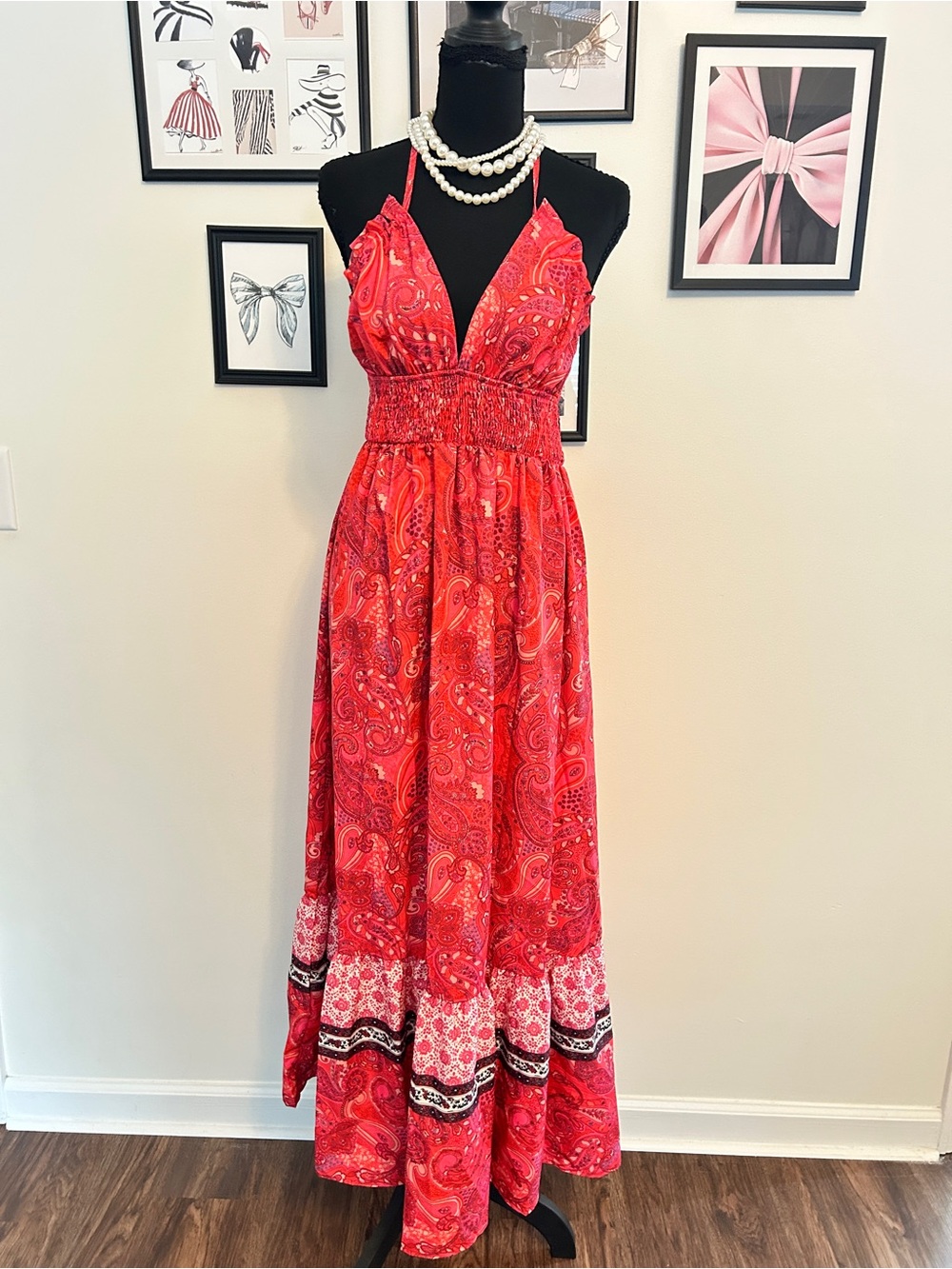 SHEIN Red Paisley Halter Maxi Dress